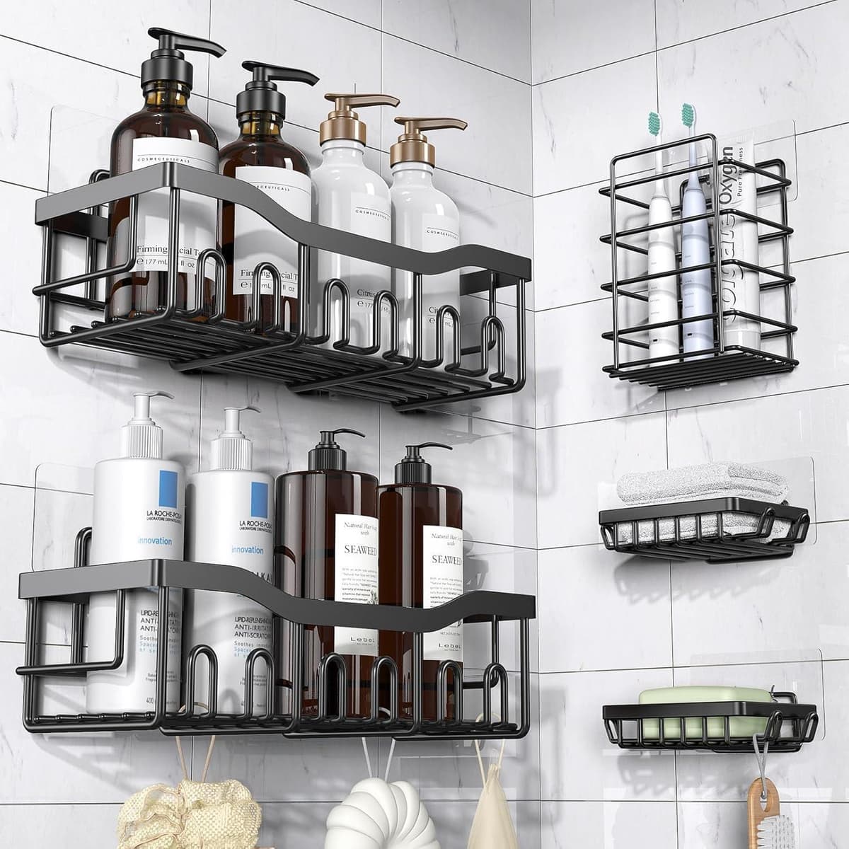 Pine 5-Pack Shower Caddy with Hair Dryer Holder - Image 1